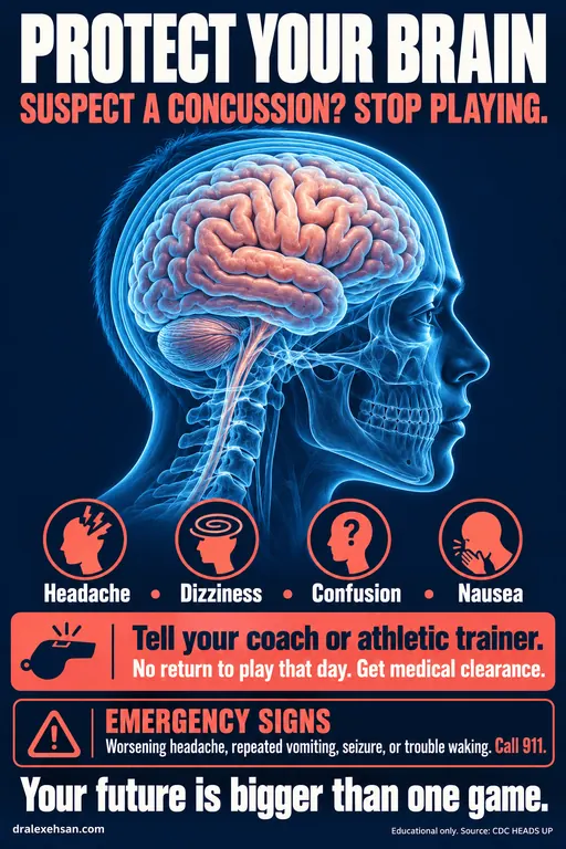 Concussion safety poster with an anatomical head and brain illustration. Suspect a concussion? Stop playing. Tell your coach or athletic trainer. No return that day; get medical clearance. Emergency signs include worsening headache, repeated vomiting, seizure, or trouble waking. Call 911.